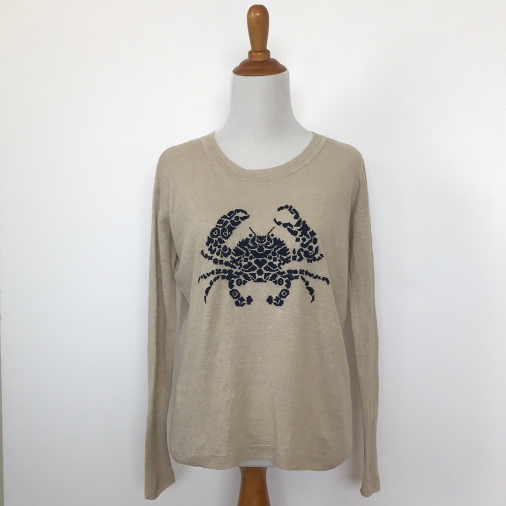 J. Crew Linen Crew Neck Crab Intarsia Crab Print Sweater